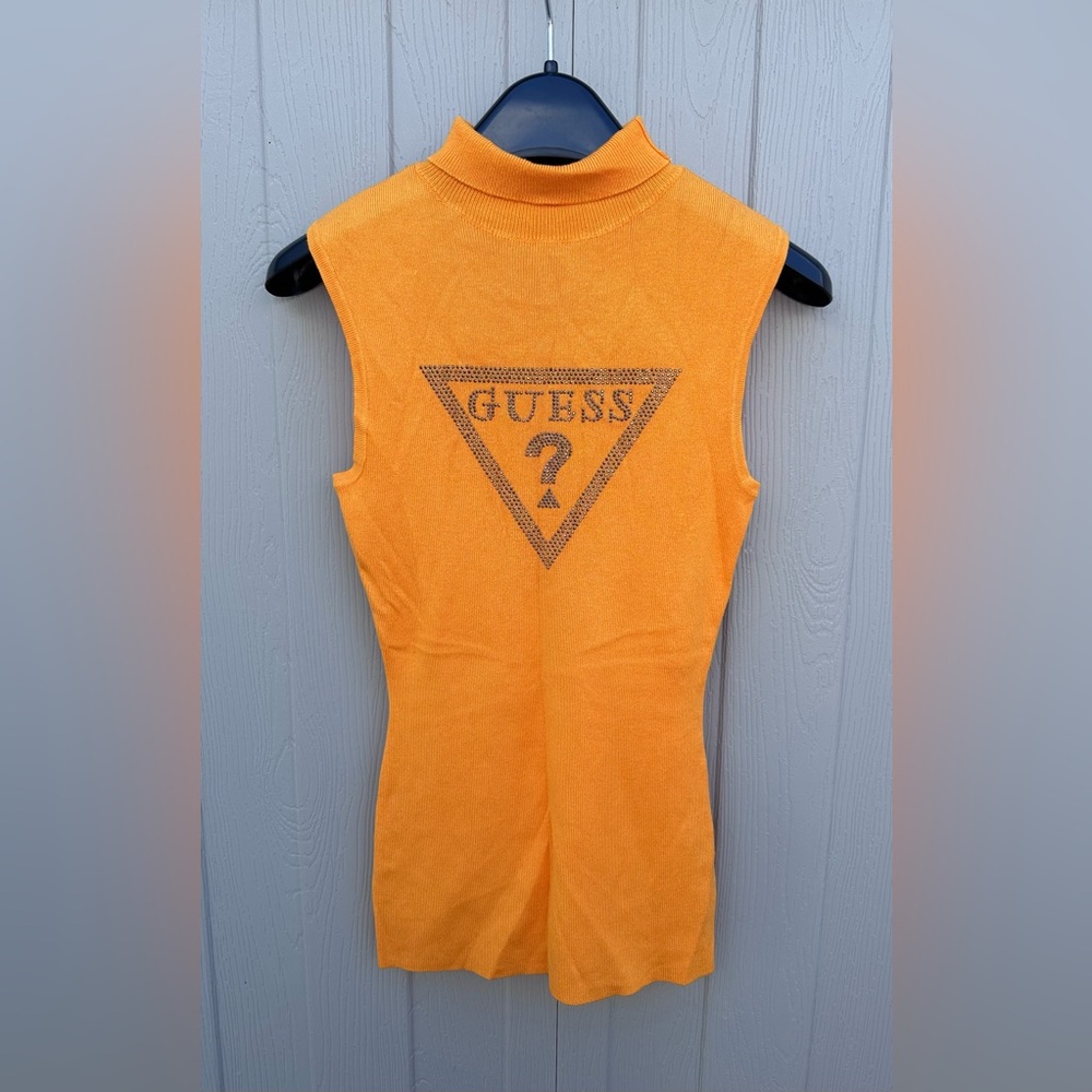 GUESS Rhinestone Logo Sleeveless Mock Neck Sweater – Size S – NWT